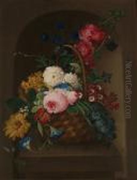 Roses, Morning Glory, Narcissus, Poppies And Other Flowers In A Basket In A Stone Niche Oil Painting by Franz Xaver Petter