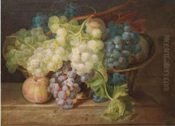 Grapes And Peaches In A Basket On A Ledge Oil Painting by Franz Xaver Petter