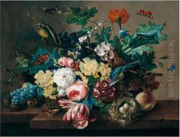 Still Life Of Roses, Tulips, 
Popies, Morning Glory And Hollyhocks In A Wicker Basket, With Grapes, 
Medlars, A Peach And A Bird's Nest, Arranged Upon A Stone Ledge, 
Together With A Green Finch And Butterflies Oil Painting by Franz Xaver Petter