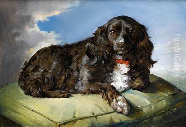 A Spaniel On A Green Cushion Oil Painting by Theodor Petter