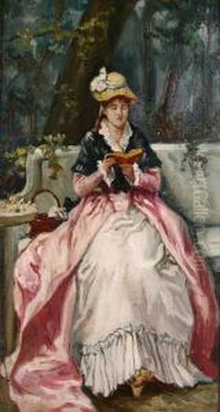 Seated Lady Reading On Bench Oil Painting by John Pettie