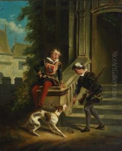 Young Page And Swordsman Leashing An Unruly Hound Oil Painting by John Pettie