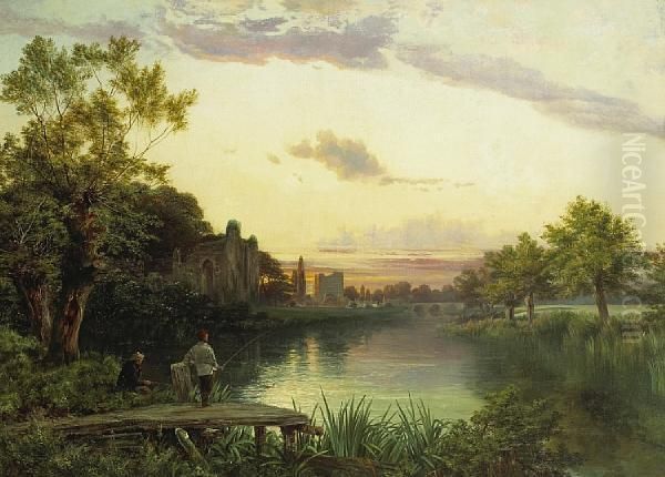 Anglers At Sunset By The Ruins Of An Abbeywith A Village Beyond Oil Painting by Joseph Paul Pettitt