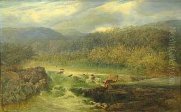 A River Landscape With An Artist Sketching On A Rock Mid-stream Oil Painting by Joseph Paul Pettitt