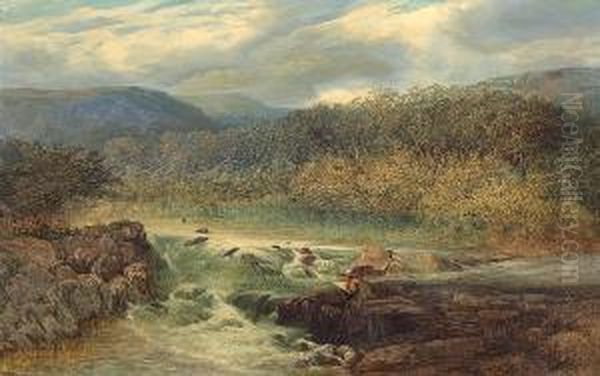 A River Landscape With An Artist Sketching Ona Rock Mid-stream Oil Painting by Joseph Paul Pettitt