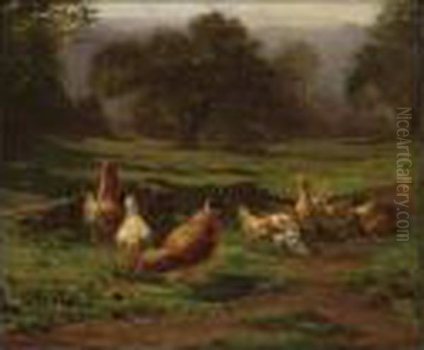 Chickens In A Landscape Oil Painting by Juliette Peyrol Bonheur