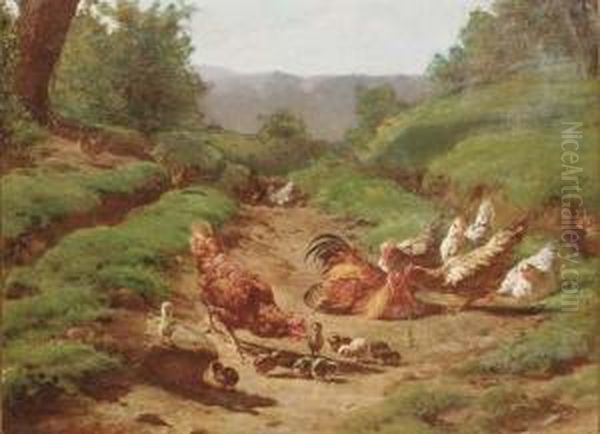 Chickens In A Landscape Oil Painting by Juliette Peyrol Bonheur