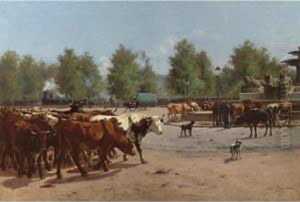 Cows Watering At A Public Square Oil Painting by Aymar Pezant