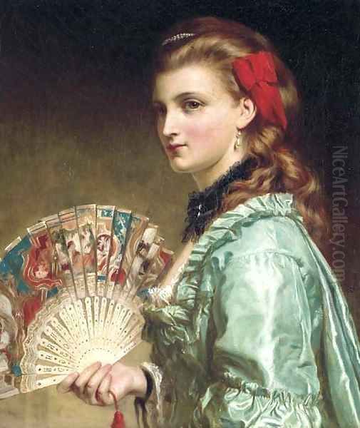 Portrait of a lady, half-length, with an ivory fan Oil Painting by Sir Frank Dicksee