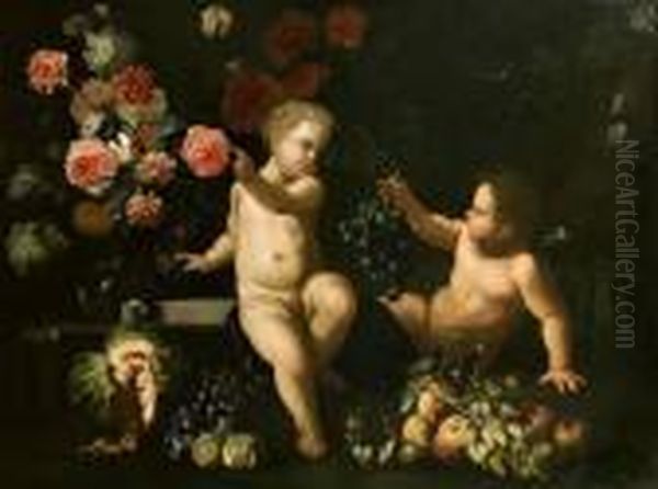 Due Putti Con Rose, Garofani E Altri Fiori E Frutti En Plein Air Oil Painting by Maximillian Pfeiler