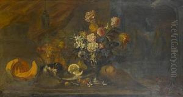 Chrysanthemums, Tulips, 
Convolvulus And Otherflowers In A Pewter Urn, On A Table-top, With 
Grapes, Apples,lemons, A Pumpkin, And A Dog Oil Painting by Maximillian Pfeiler