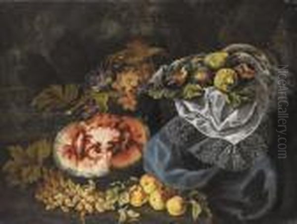 Natura Morta Di Frutta Con Anguria, Uva E Fichi Oil Painting by Maximillian Pfeiler