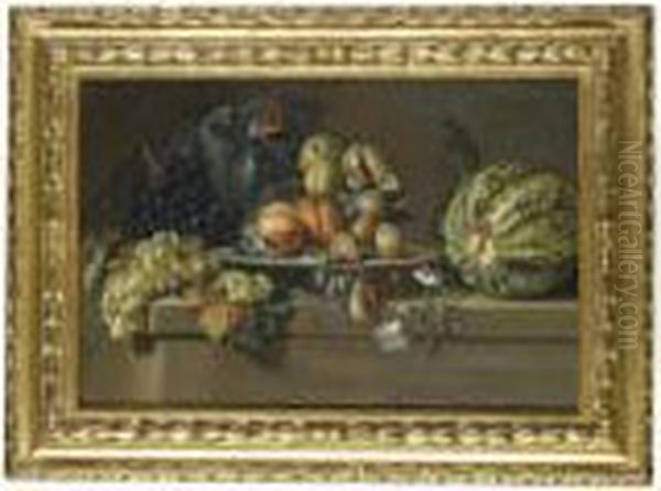 A Still Life With Figs, Grapes, Peaches, Plums And A Watermelon On A Ledge Oil Painting by Maximillian Pfeiler