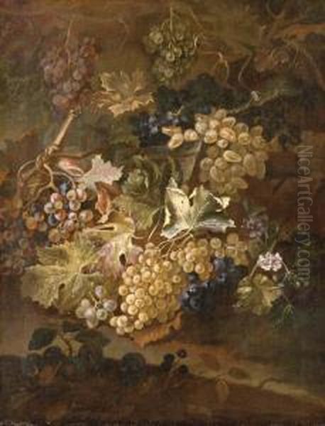 Grapes On The Vine And Blackberries On A Stone Ledge Oil Painting by Maximillian Pfeiler