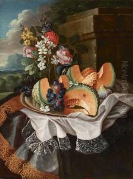 Natura Morta Con Uva E Melone Su
 Un Piatto, Bouquet Di Fiori E Tovaglia Ricamata In Fondo Di Paesaggio Oil Painting by Maximillian Pfeiler