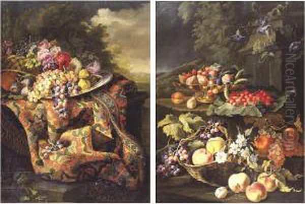 Still Life Of Figs And Grapes On
 A Pewter Platter With A Basket Of Flowers On A Carpeted Ledge, With A 
Wooded Landscape Beyond; Still Life Of Plums And Cherries In A Tazza 
Resting On A Ledge With Wild Strawberries On A Large Leaf, A Basket With
 Gr Oil Painting by Maximillian Pfeiler