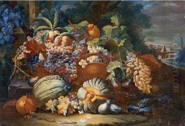 Still Life Of Melons, Grapes, Peaches And Other Fruit In A Landscape Oil Painting by Maximillian Pfeiler