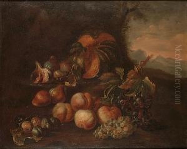 A Melon, Figs, Plums And Grapes In A Landscape With Mountains Beyond Oil Painting by Maximillian Pfeiler