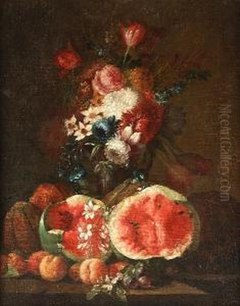 Tulips, Roses, Chrysanthemums, 
Narcissi And Other Flowers In A Vase With Melons, Peaches, Watermelons 
And Grapes On A Ledge Oil Painting by Maximillian Pfeiler