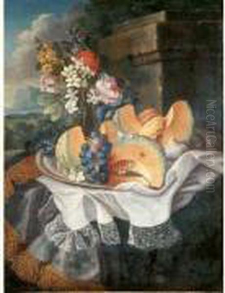 Nature Morte Au Plat De Melon Et
 Raisin Bouquet De Fleurs Et Nappe Brodee Sur Fond De Paysage Oil Painting by Maximillian Pfeiler