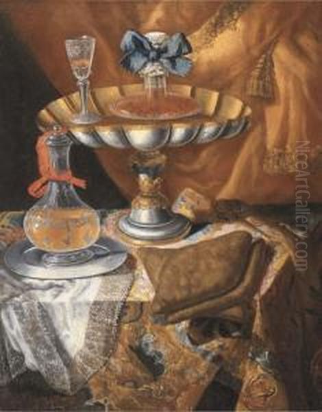 A Wine Glass On A Silver-gilt Tazza, With A Glass Jug On A Drapedtable, By A Curtain Oil Painting by Maximillian Pfeiler