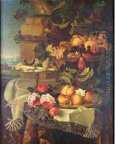 Nature Morte Aux Coupes De 
Fruits, De Biscuits Et Aux Roses Disposees Sur Une Nappe Brodee Oil Painting by Maximillian Pfeiler