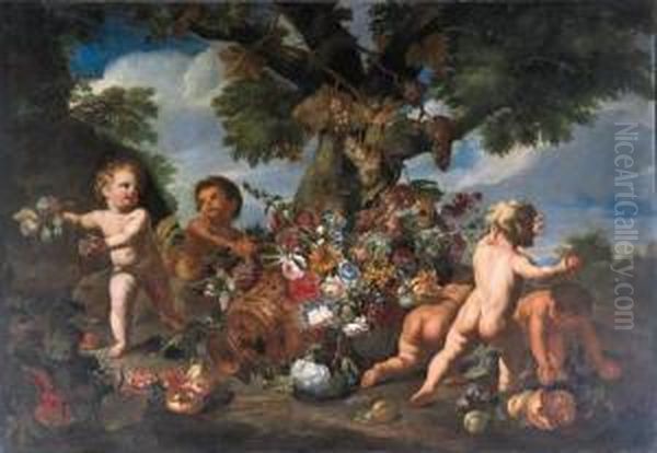 Putti Playing With Fruit By An Upturned Urn Of Flowers Oil Painting by Maximillian Pfeiler