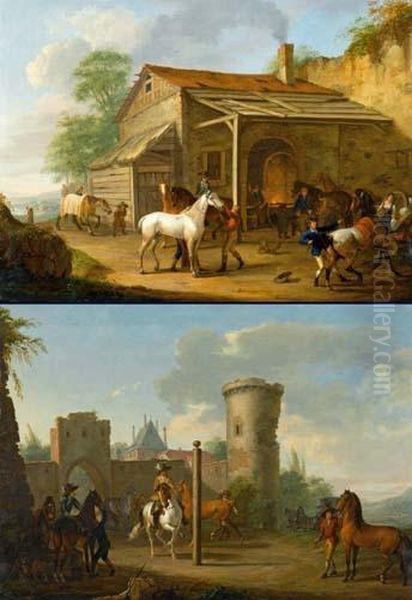 Counterpart: Horses At The Farrier / Horses Before A Ride. 1788. Oil Painting by Johann Georg Pforr