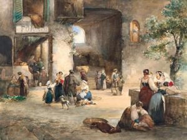 Piazza Romana Con Donne Alla Fontana E Panetteria Oil Painting by Karel Frans Philippeau