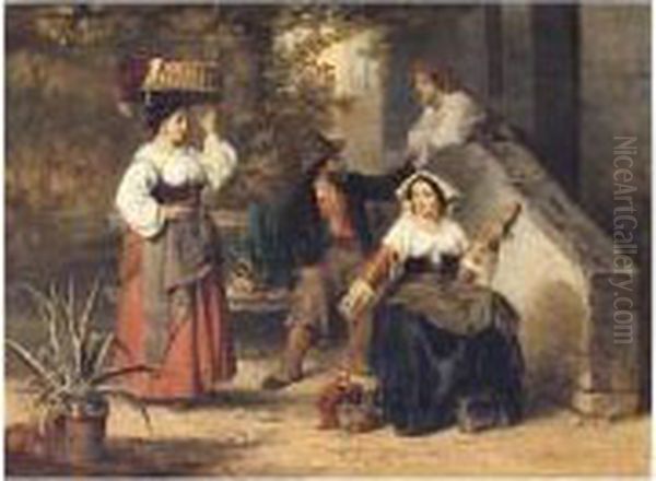 Attributed To , The 
Woolspinners, Falsely Signed And Dated, Oil On Panel, 33 X 44 Cm.; 13 X 
17 1/4 In Oil Painting by Karel Frans Philippeau