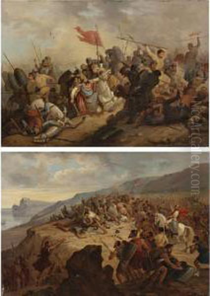 Two Scenes Of Battle: A Pair Oil Painting by Henri Felix Emmanuel Philippoteaux