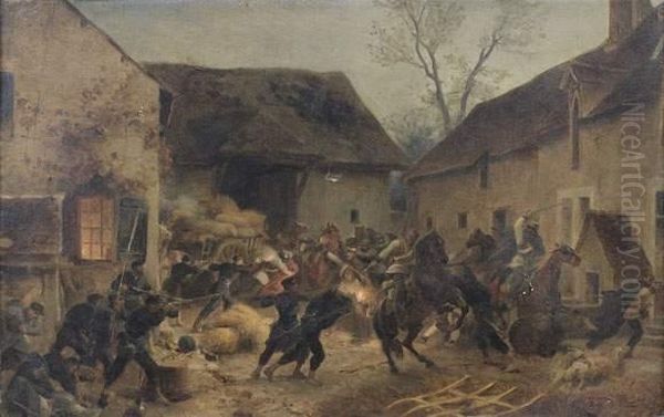 Bataille Dans Une Cour De Ferme Pendant La Guerre De 1870 Oil Painting by Henri Felix Emmanuel Philippoteaux