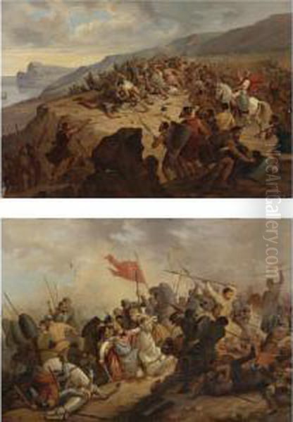 Two Scenes Of Battle (a Pair) Oil Painting by Henri Felix Emmanuel Philippoteaux