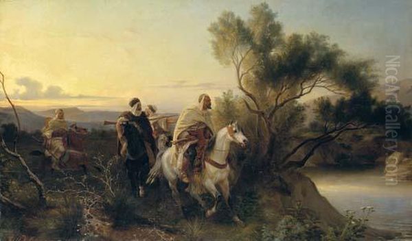 Arab Horsemen Fording A Stream Oil Painting by Henri Felix Emmanuel Philippoteaux