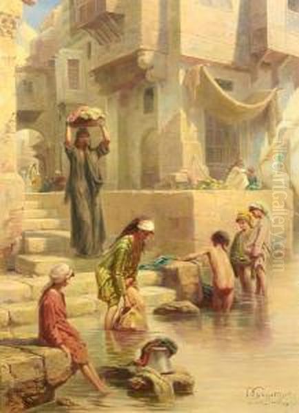 Wash Day On The Nile Oil Painting by Paul Dominique Philippoteaux