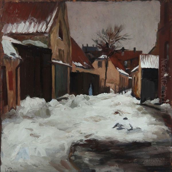 Village At Winter Time Oil Painting by Sally Philipsen