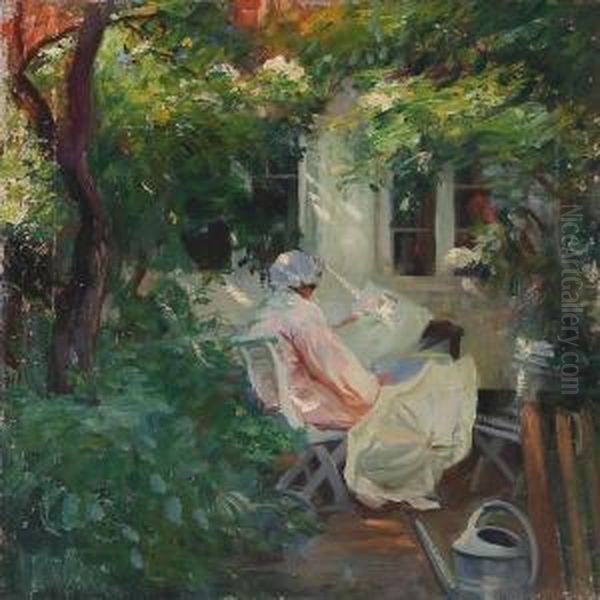 A Young Girl In A Pink Dress With A Parasol In The Garden, Presumably In Dragor Oil Painting by Sally Philipsen