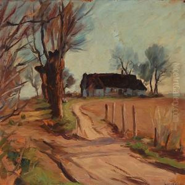 Village Road With A Farm In The Background Oil Painting by Sally Philipsen