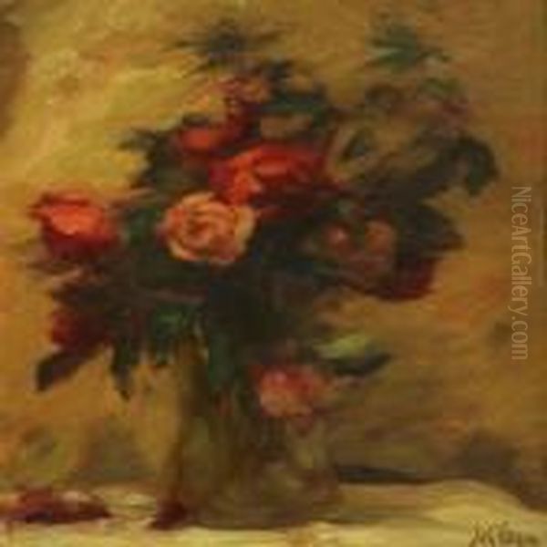 Roses In A Vase Oil Painting by Sally Philipsen