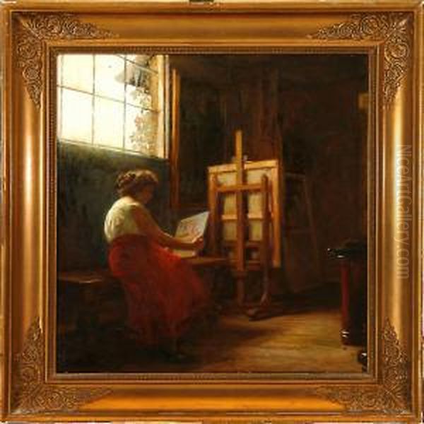 Interior With A Womanin A Studio Oil Painting by Sally Philipsen