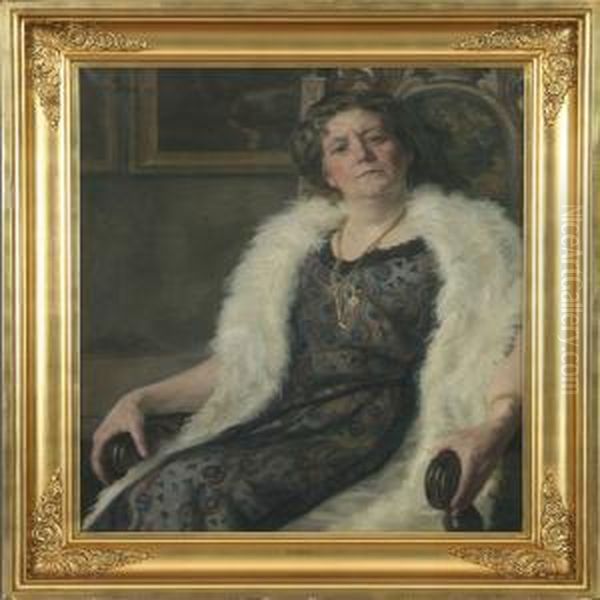 Portait Of Sittingwoman In Fur Coat Oil Painting by Sally Philipsen