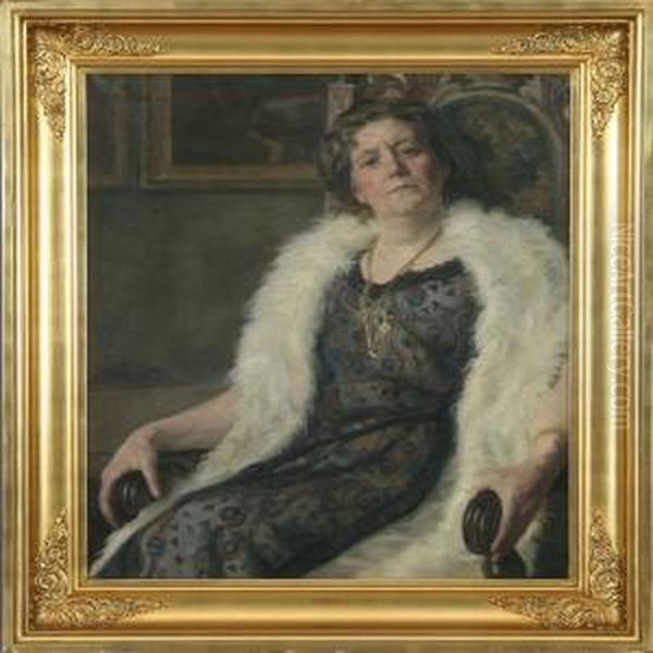 Portait Of Sitting Woman In Fur Coat Oil Painting by Sally Philipsen