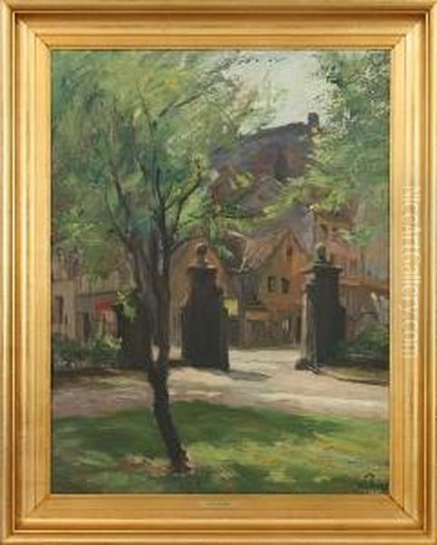 Streetscene With Columns. Signed Sally Philipsen Oil Painting by Sally Philipsen