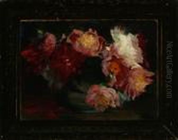 A Still Life With Red And White Peonies In A Vase On A Table Oil Painting by Sally Philipsen