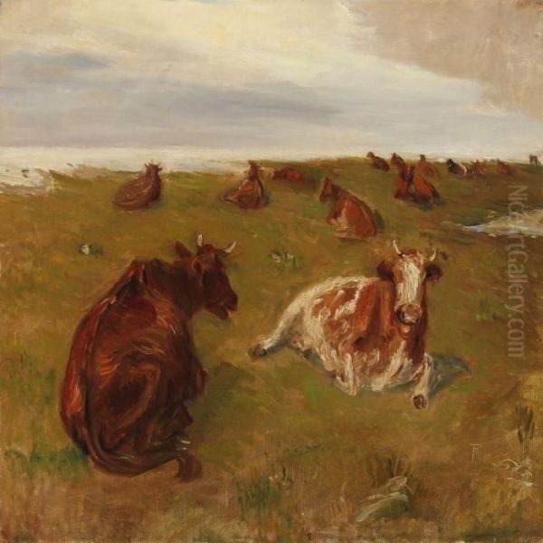 Danish Landscapewith Cows In The Field Oil Painting by Theodor Philipsen