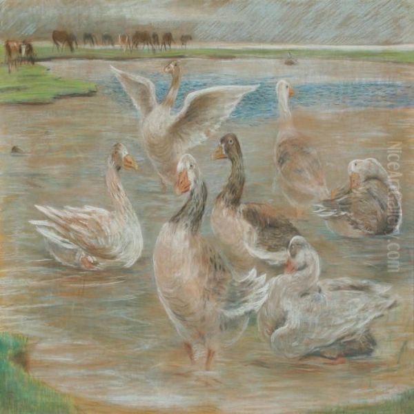 Geese And Cows Atthe Watering Place Oil Painting by Theodor Philipsen