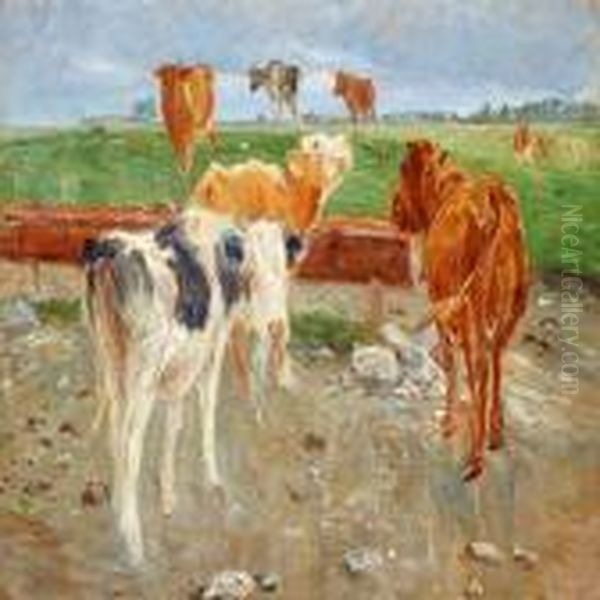 Cows Near The Well At Gammelgaard Oil Painting by Theodor Philipsen