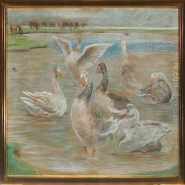 Geese And Cows Atthe Watering Place Oil Painting by Theodor Philipsen