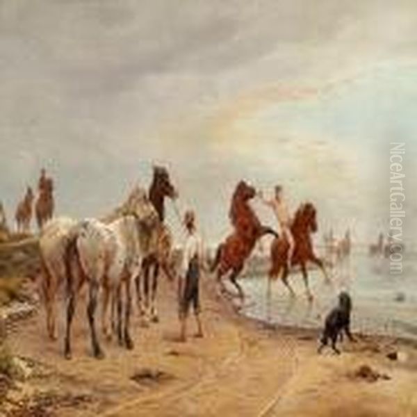 Horses Going For A Swim Oil Painting by Theodore Esbern Philipsen