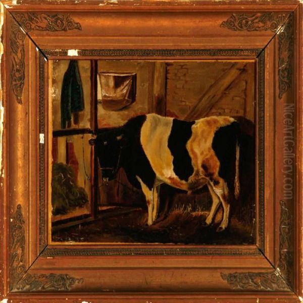 Black-and-white Bull In The Stables Oil Painting by Theodore Esbern Philipsen